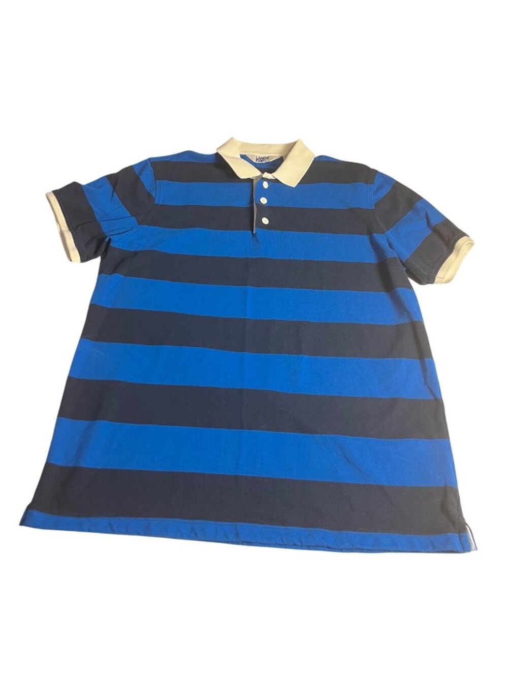 Lands End Mens L Tailored Fit Striped Rugby Polo Shirt Blue & Navy Short Sleeve